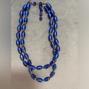 Vintage 1950s Moon Glow Lucite double strand blue and gold necklace 18-21”L